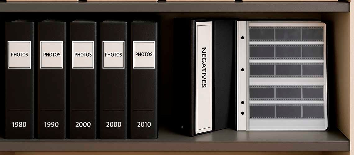 Organised archival storage system with labelled boxes, photo binders, and sleeves on shelves.