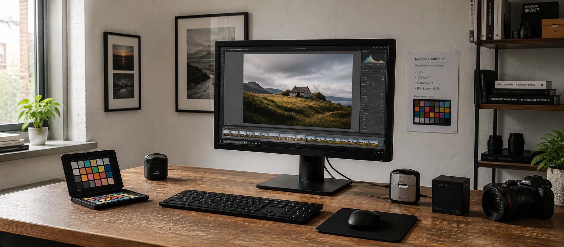 Colour management workflow showing screen calibration and ICC profile use for canvas printing