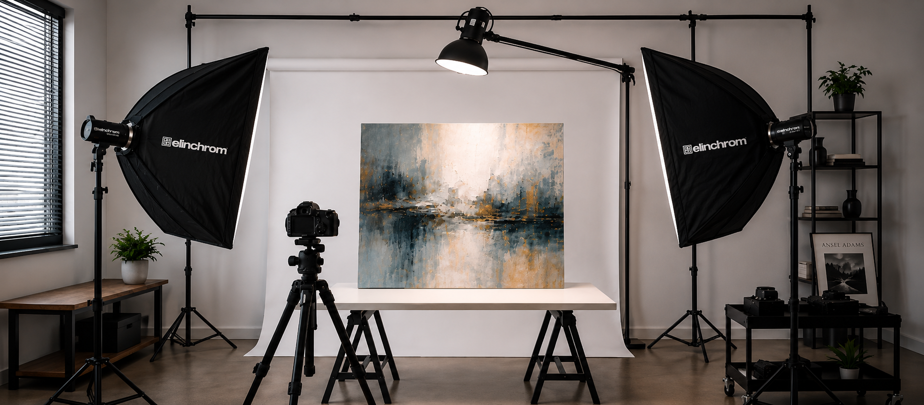 Artist photographing original artwork on a copy stand for canvas reproduction