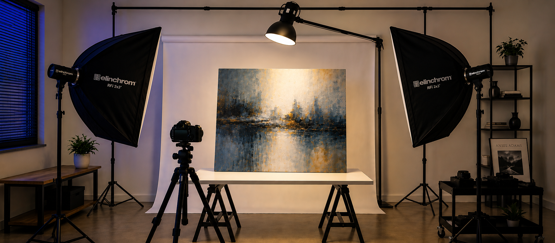 Side-by-side comparison showing correctly and incorrectly lit artwork for reproduction photography