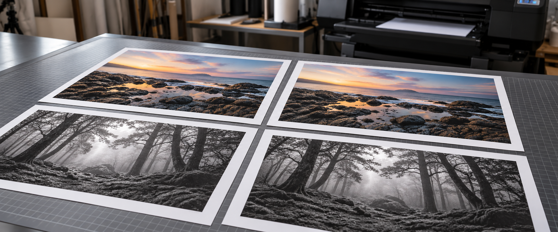 Four photographic prints lying flat on a print studio worktable