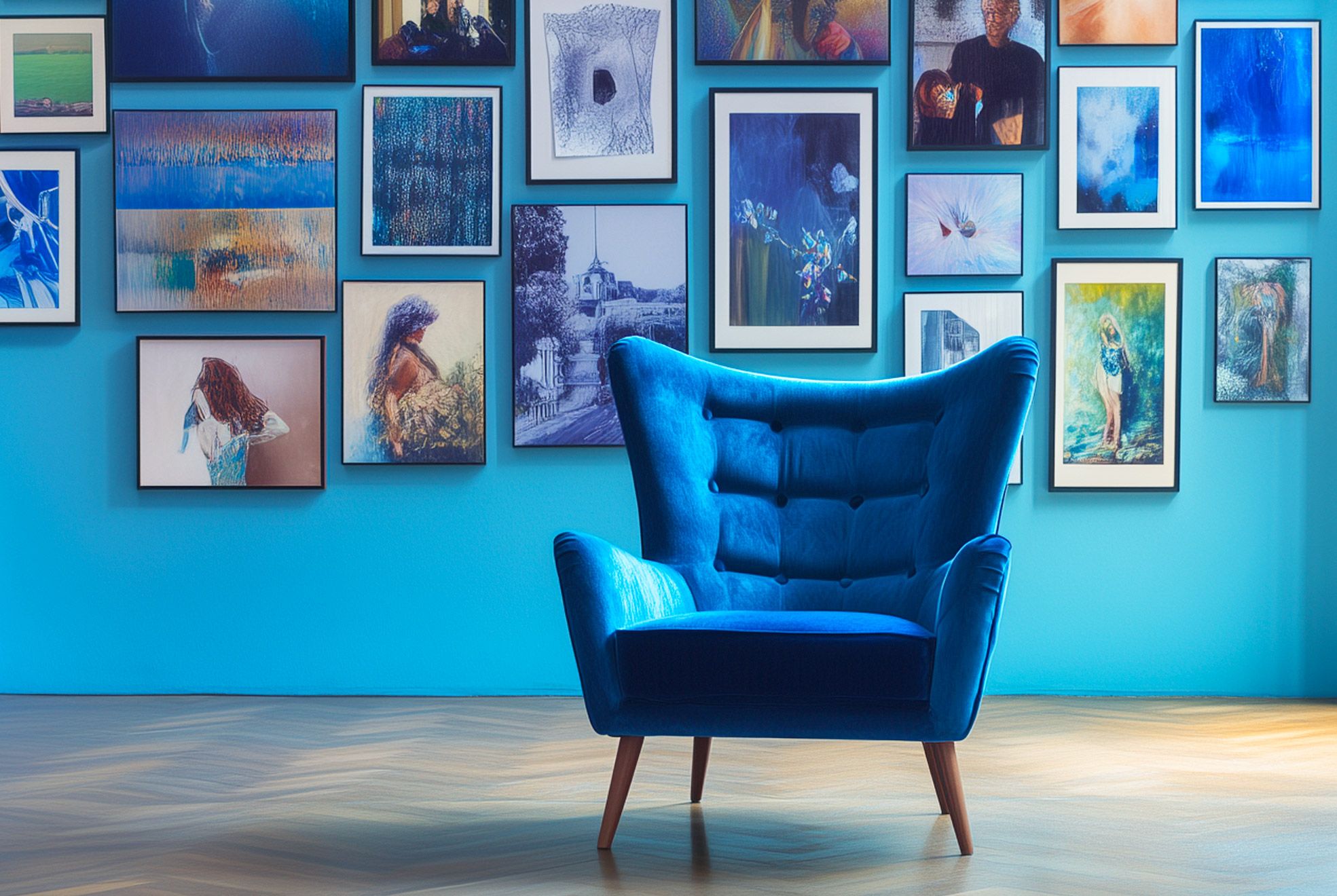 Blue chair and art wall