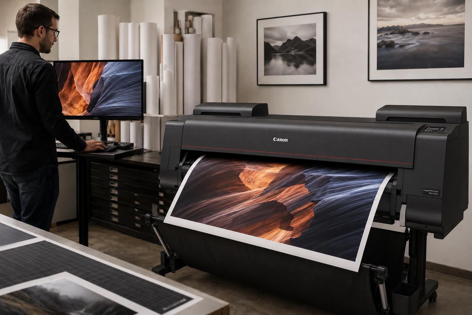 A Canon imagePROGRAF printer producing a photographic print